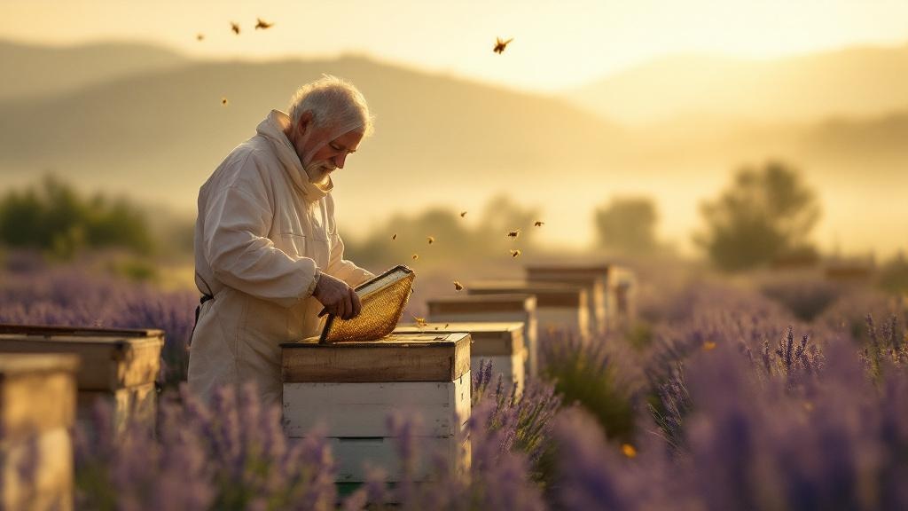 Elderly beekeeper tending hives in a lavender field