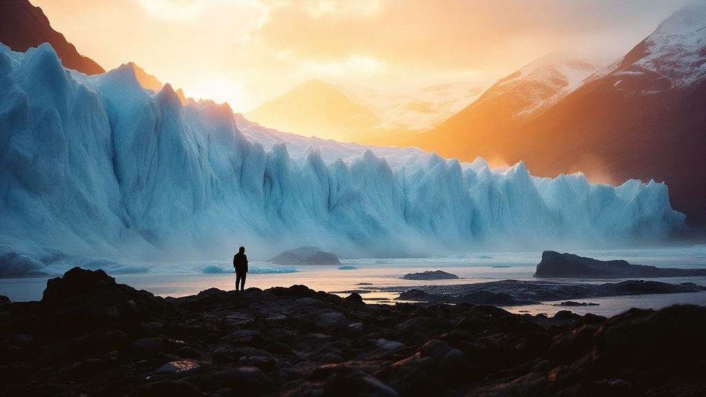 Massive retreating glacier in Patagonia at golden hour