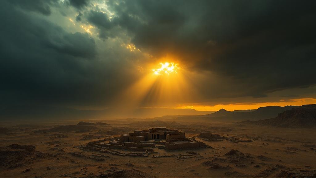 Cinematic desert landscape at twilight with golden light breaking through storm clouds